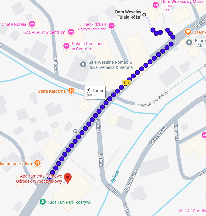 Mapa drogi z miejsca ślubu do sali weselnej